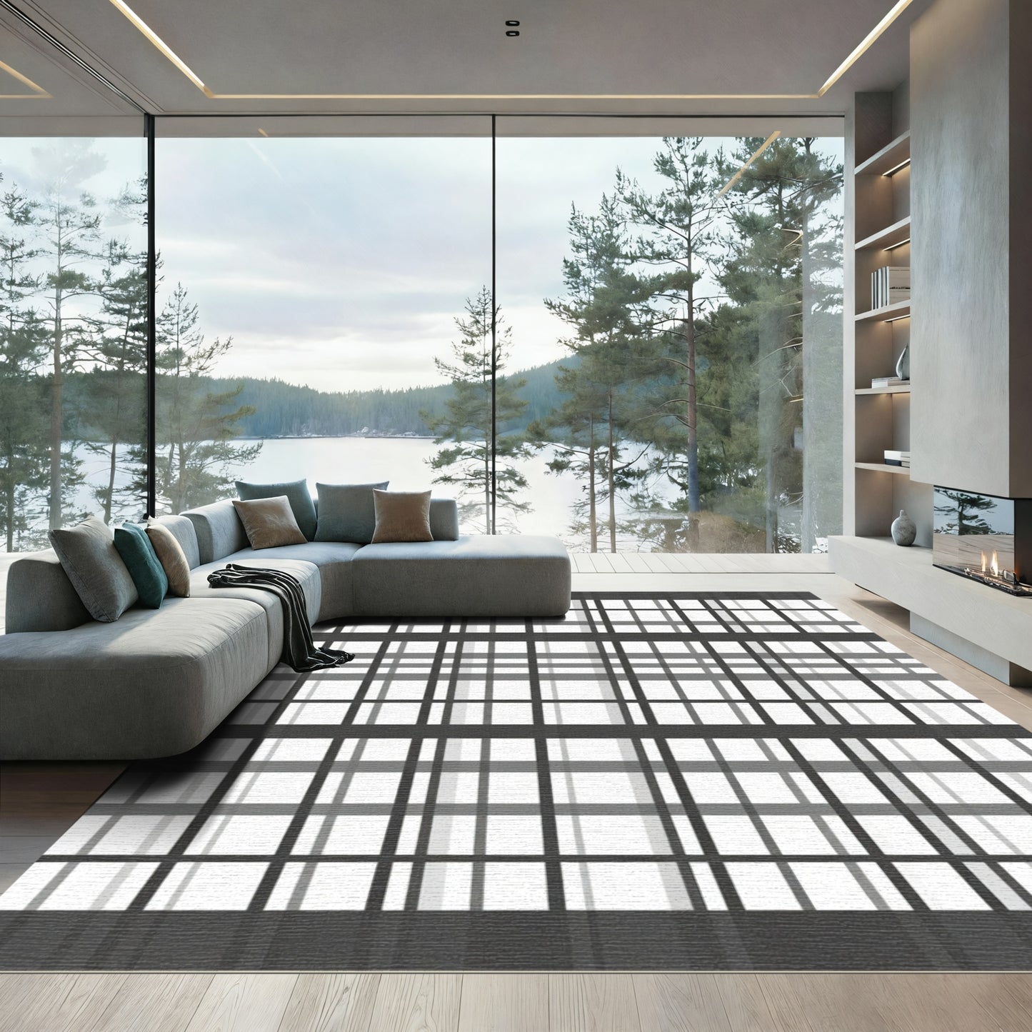 Classic Gray Plaid Grid Rug