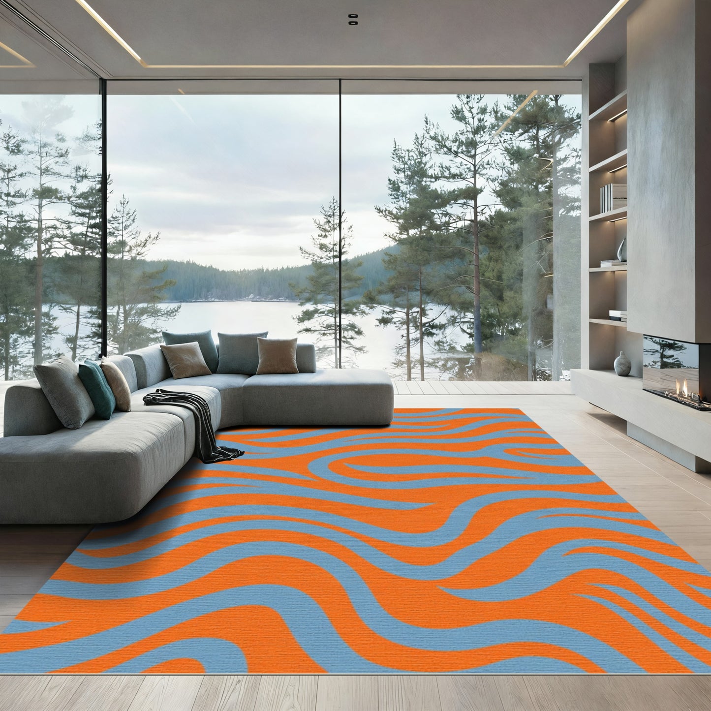Vibrant Orange Blue Swirl Rug