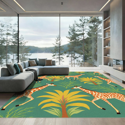 Green Safari Giraffe Palm Foliage Rug