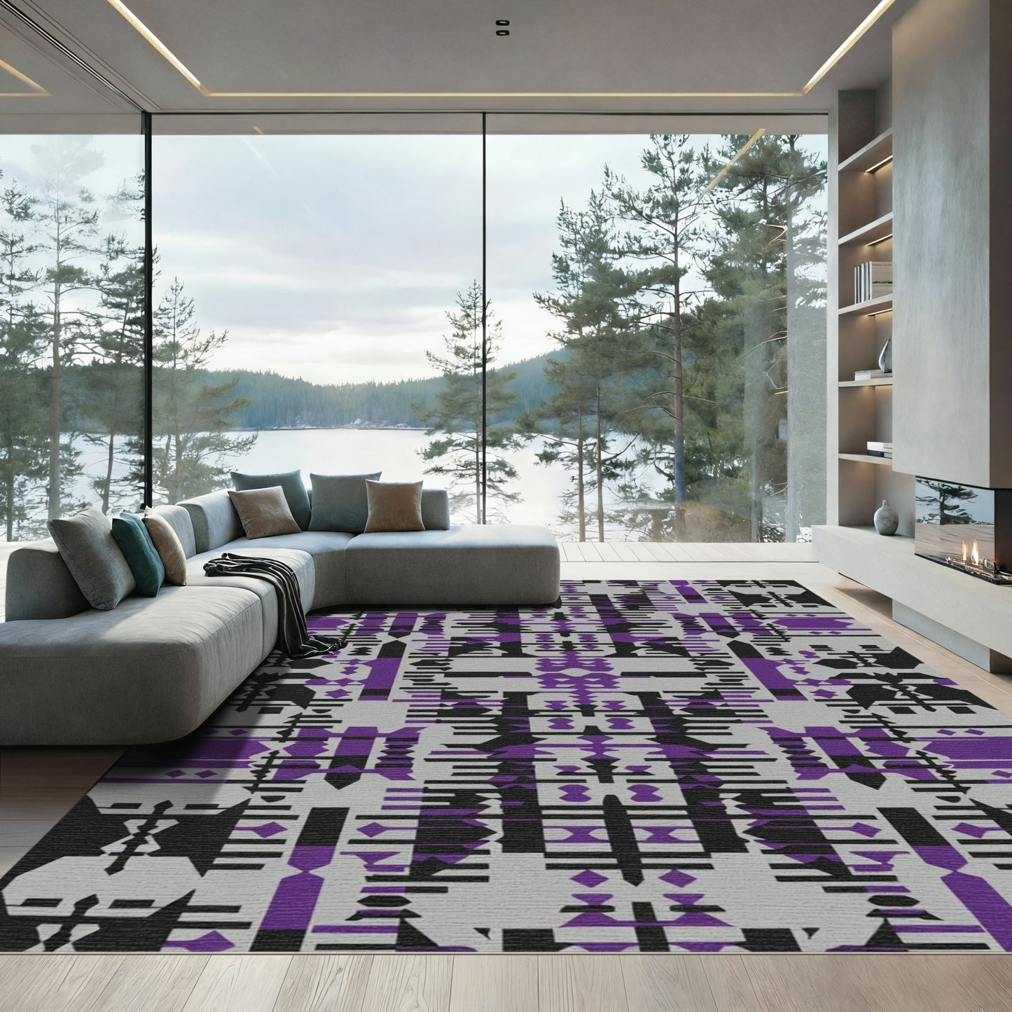 Abstract Geometric Purple Gray Black Rug
