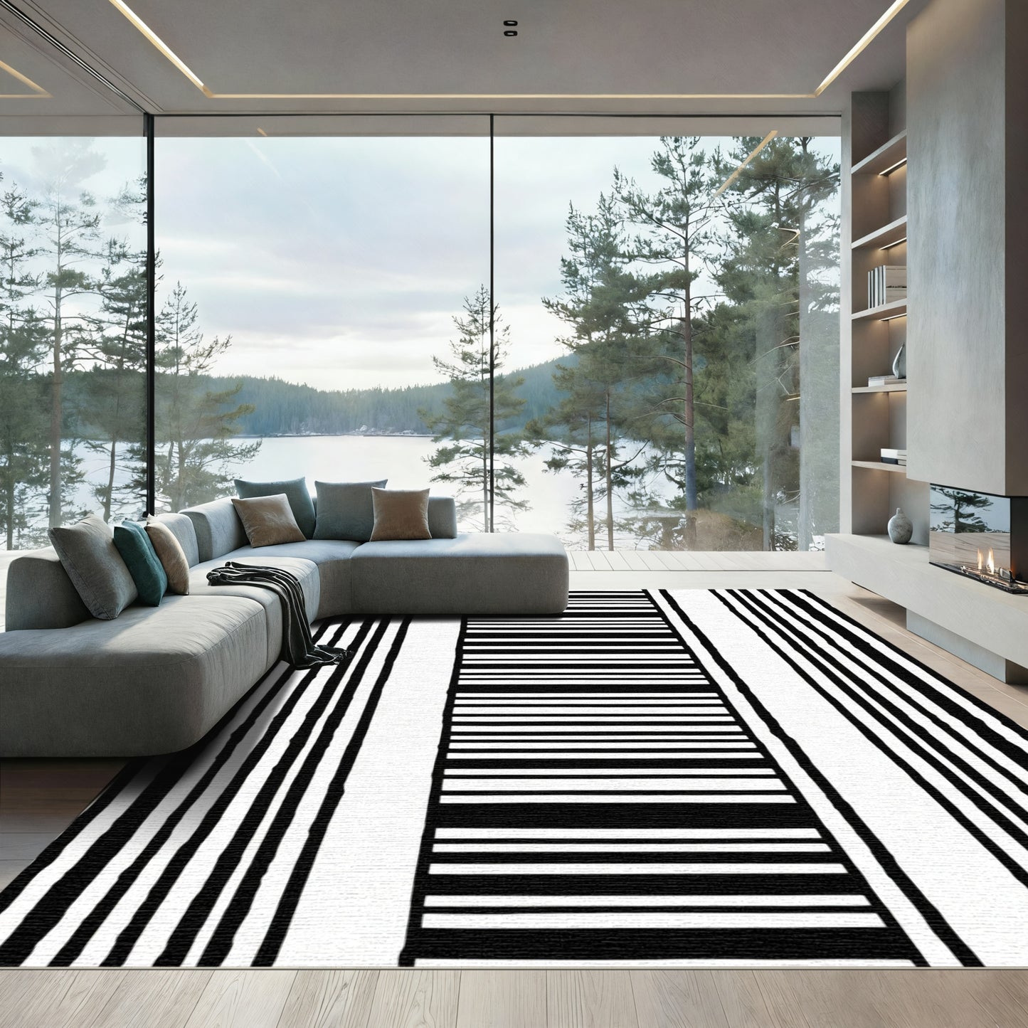 Black White Linear Composition Rug