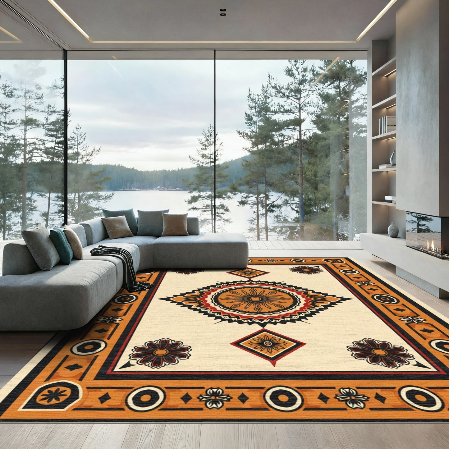 Bold Sunburst Medallion Orange Border Rug