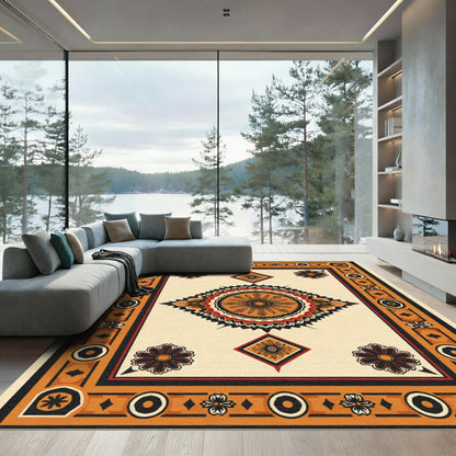 Bold Sunburst Medallion Orange Border Rug