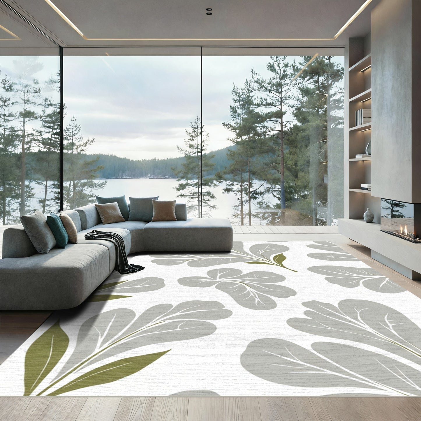 Soft Gray Botanical Leaf Arrangement Rug