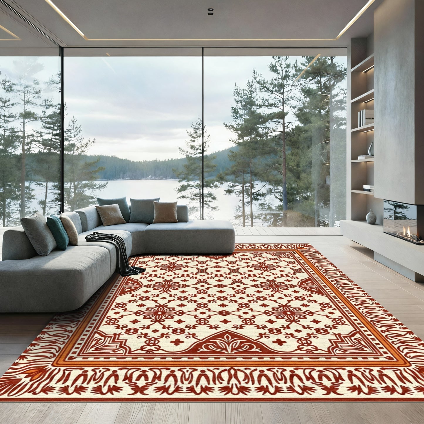 Cream and Burgundy Floral Medallion Rug