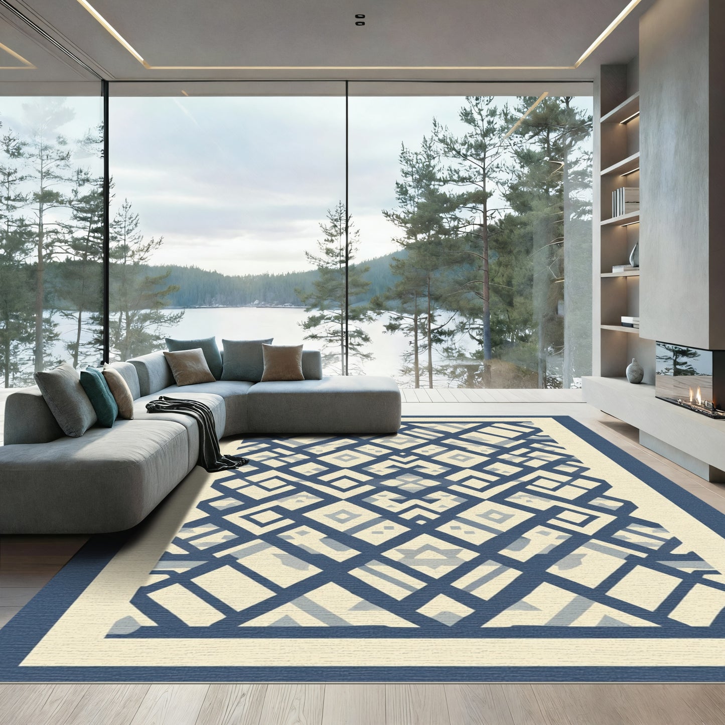 Navy and Cream Geometric Lattice Rug