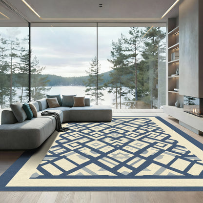 Navy and Cream Geometric Lattice Rug