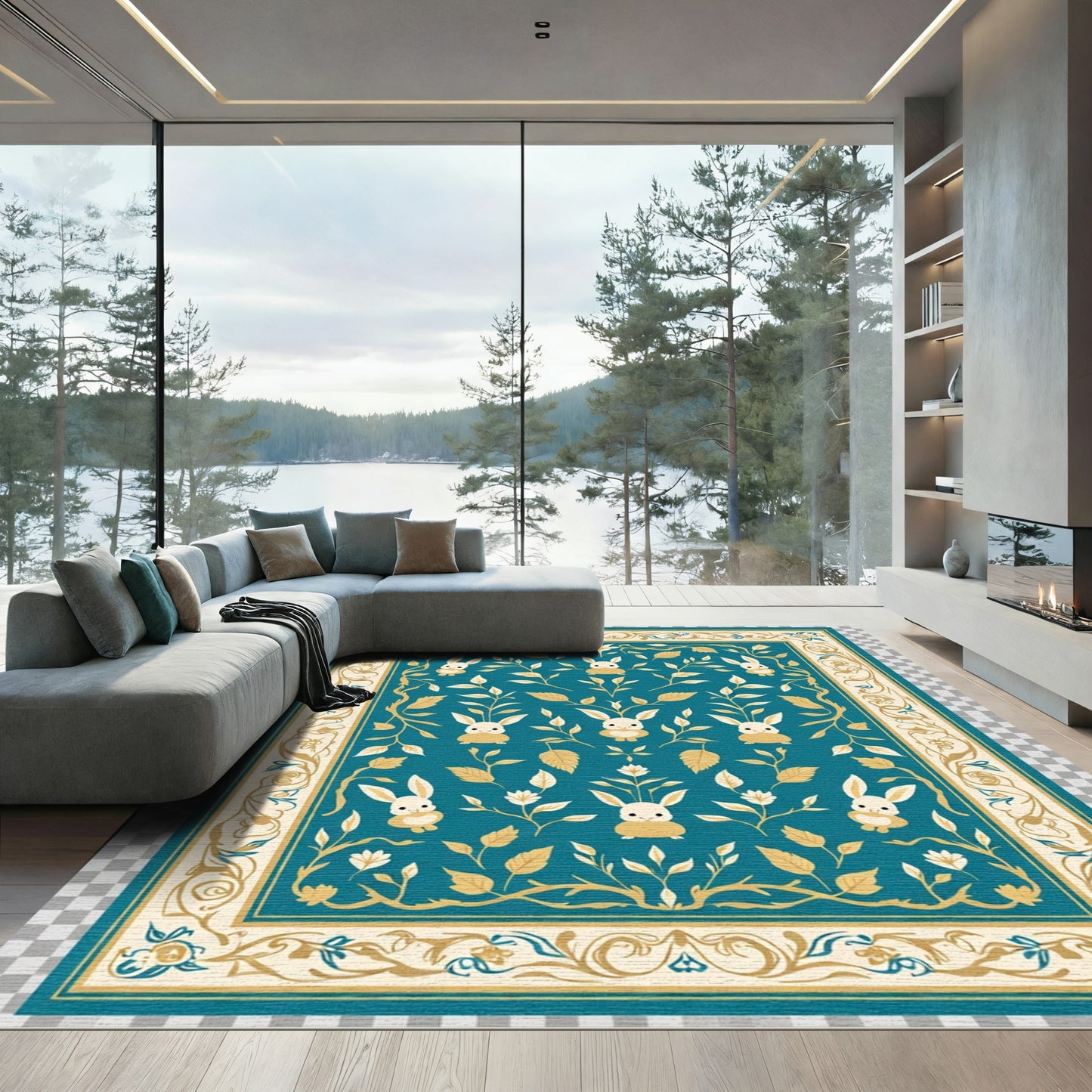 Teal Golden Bunny Floral Border Rug