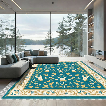 Teal Golden Bunny Floral Border Rug
