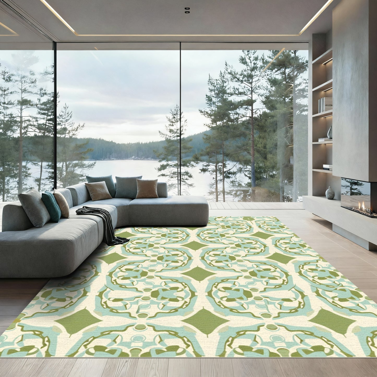 Serene Sage Green Abstract Medallion Rug