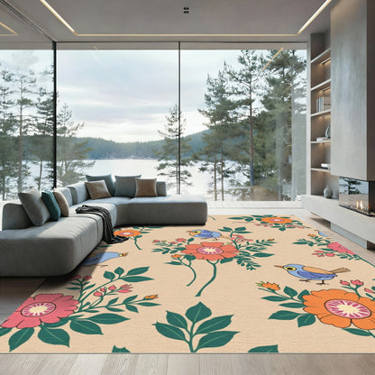 Whimsical Blue Birds Coral Flowers Rug