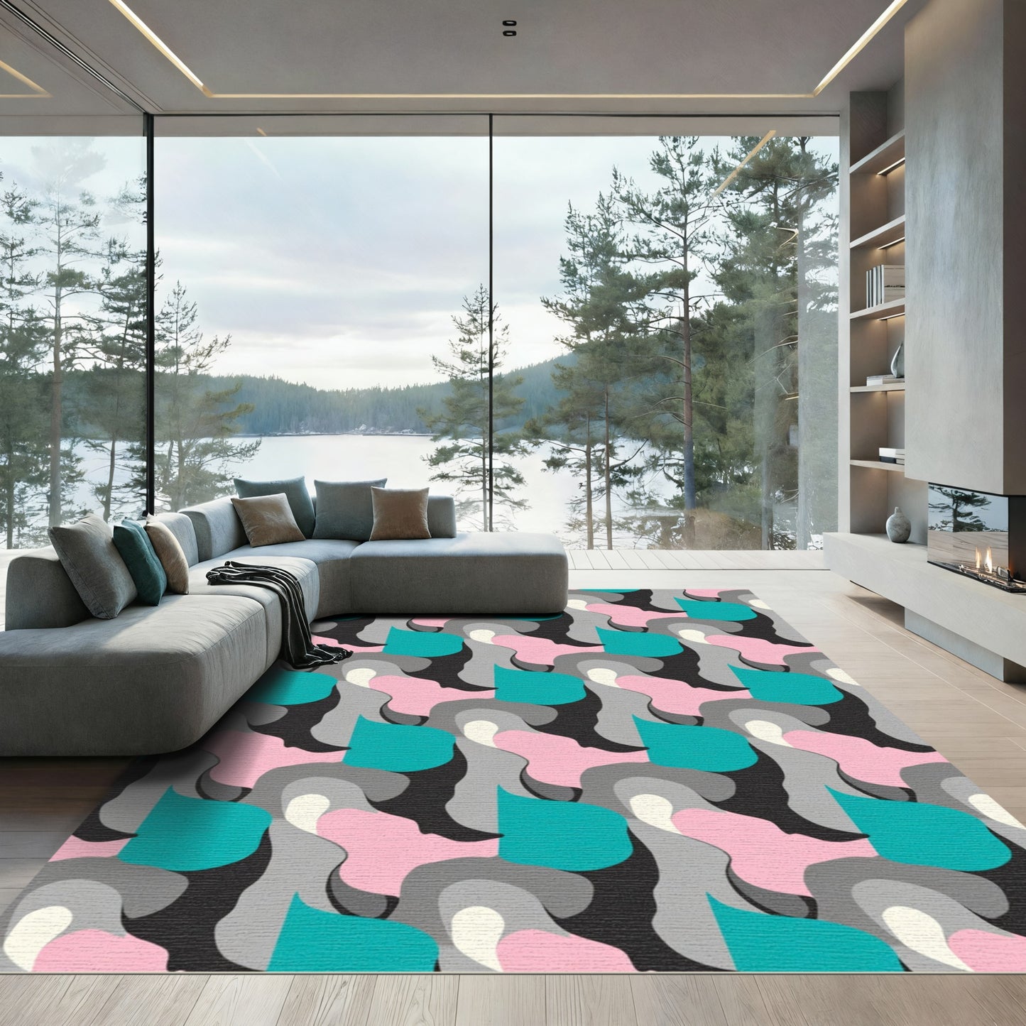 Teal Pink Gray Abstract Flow Rug