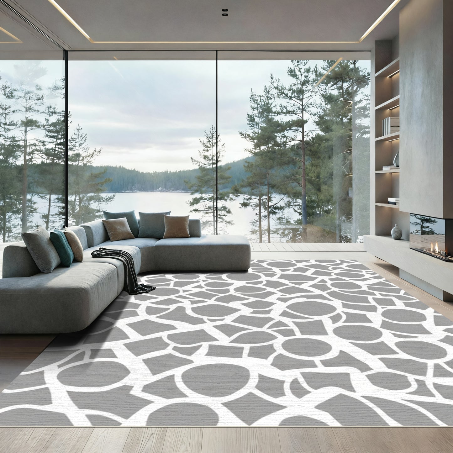 Grey White Organic Curving Network Rug