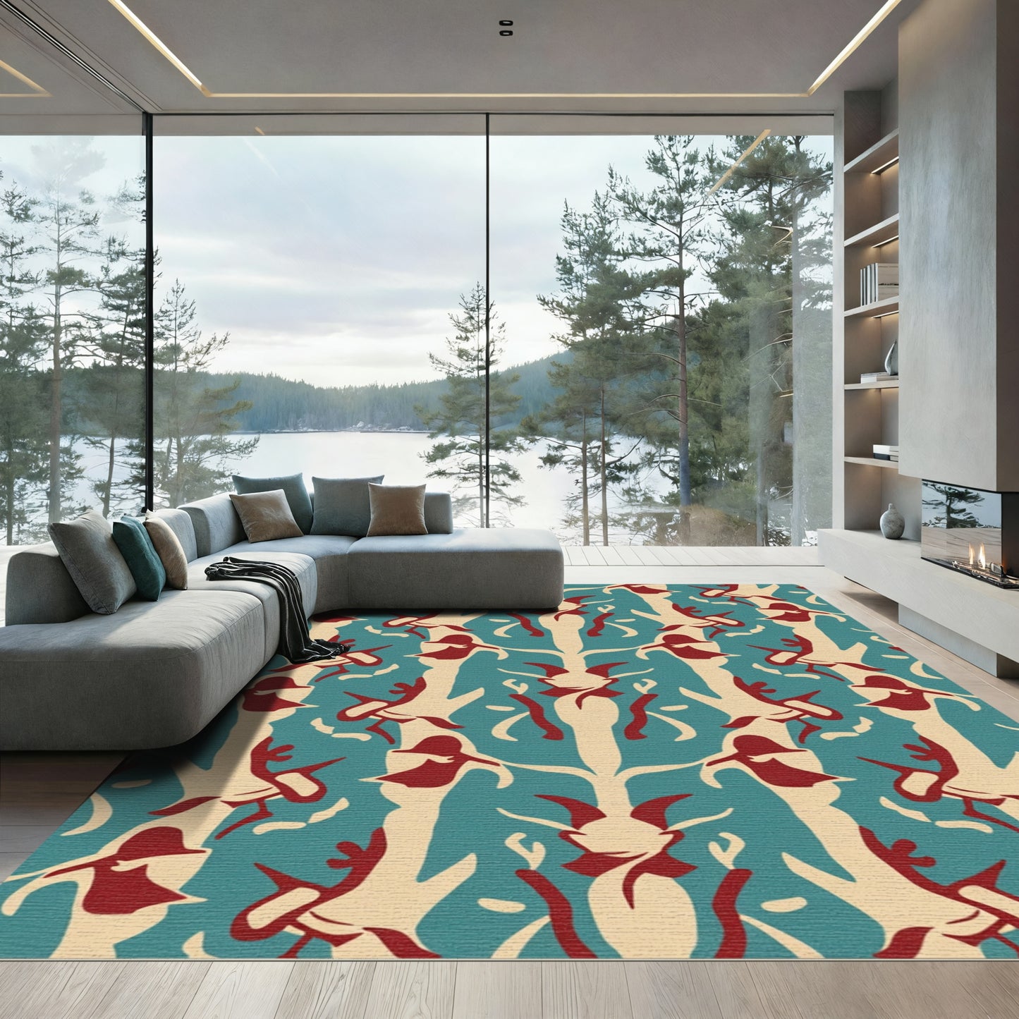 Teal Cream Crimson Symmetry Garden Runner Rug