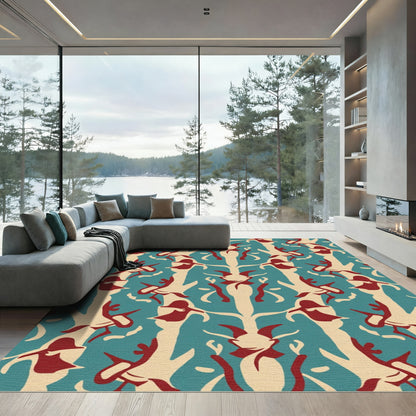 Teal Cream Crimson Symmetry Garden Runner Rug