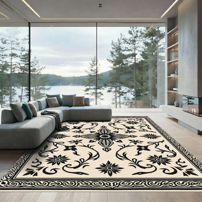 Black Floral Medallion Cream Border Rug