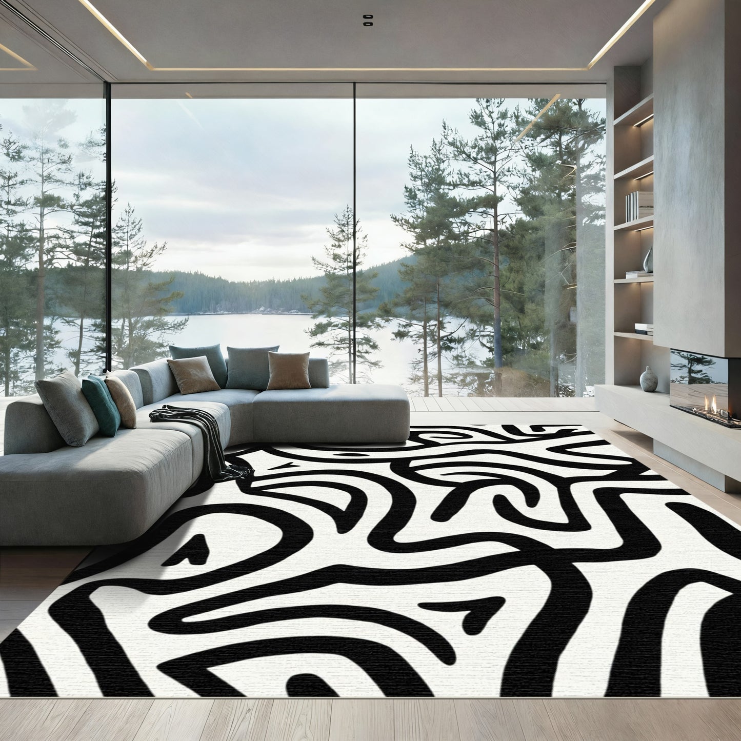 Bold Black Abstract Swirl Rug