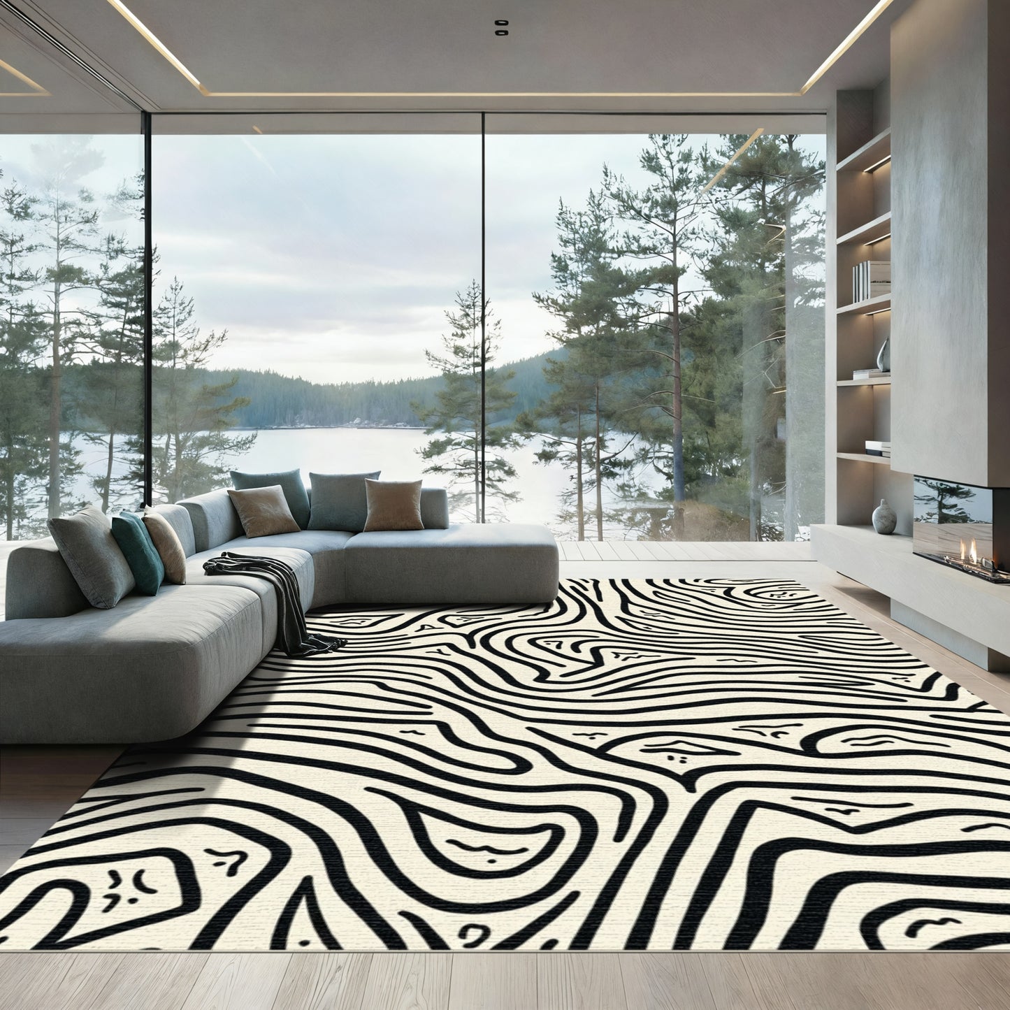 Cream And Black Contour Lines Rug