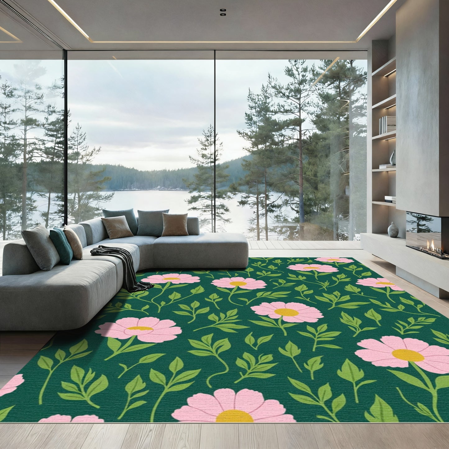 Delicate Pink Floral Botanical Art Rug