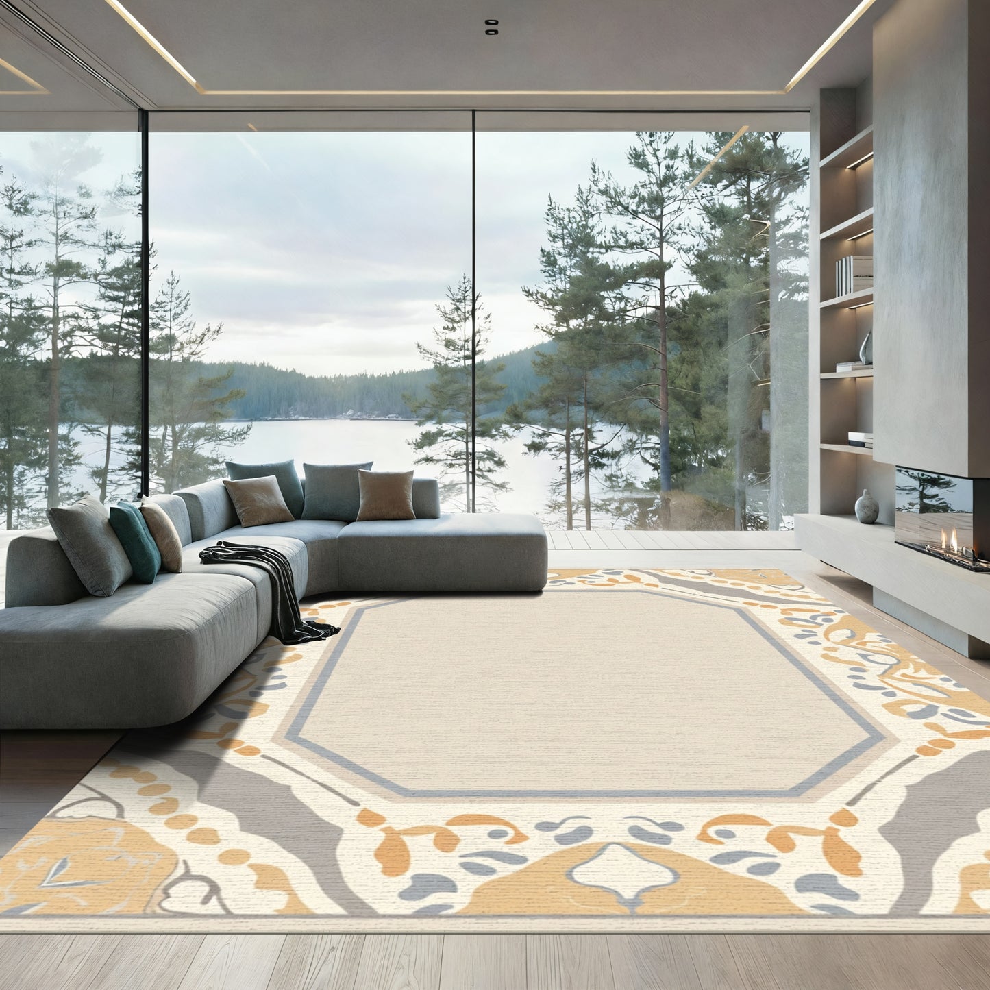 Pale Ochre Grey Octagon Border Rug