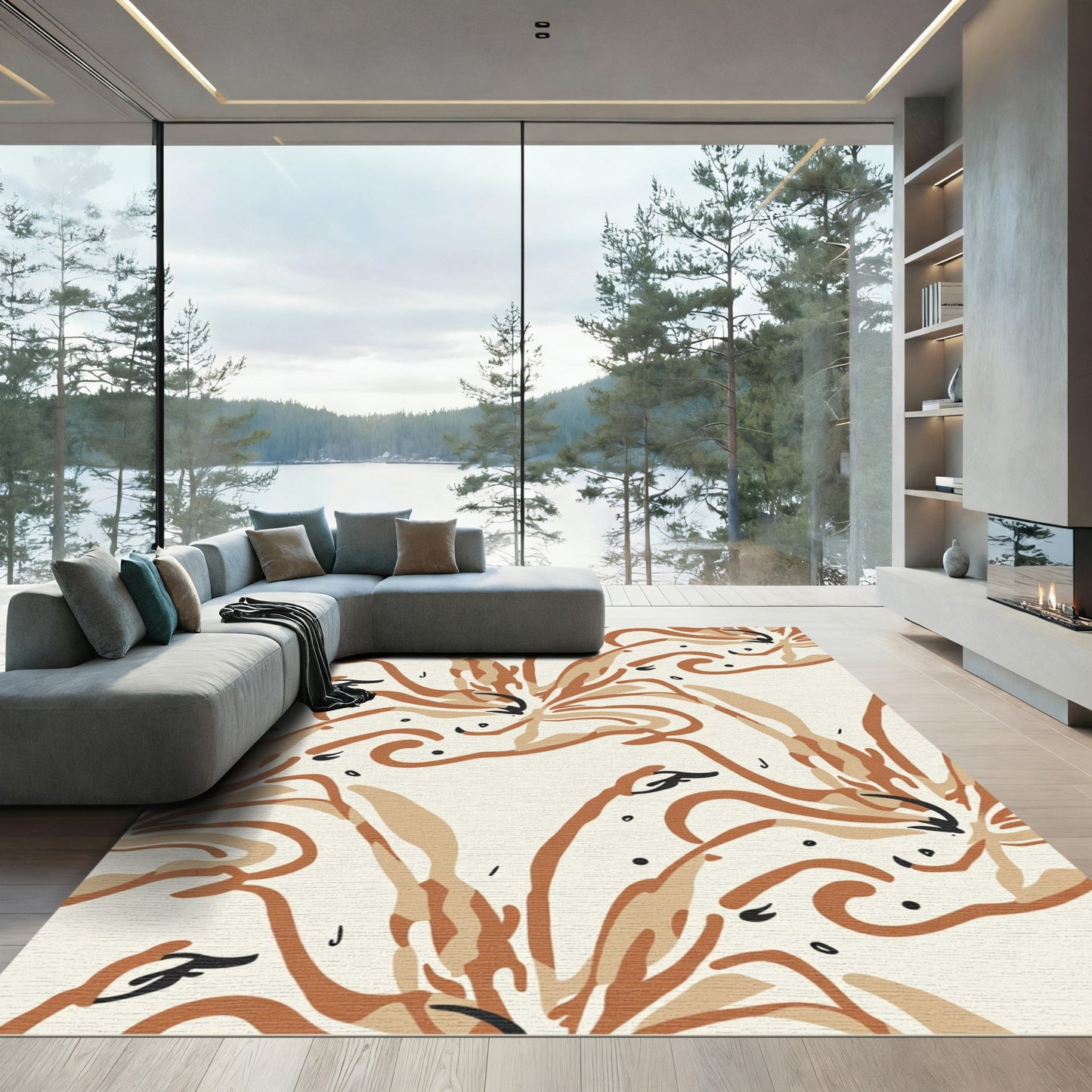 Biege Brown Abstract Swirl Organic Rug