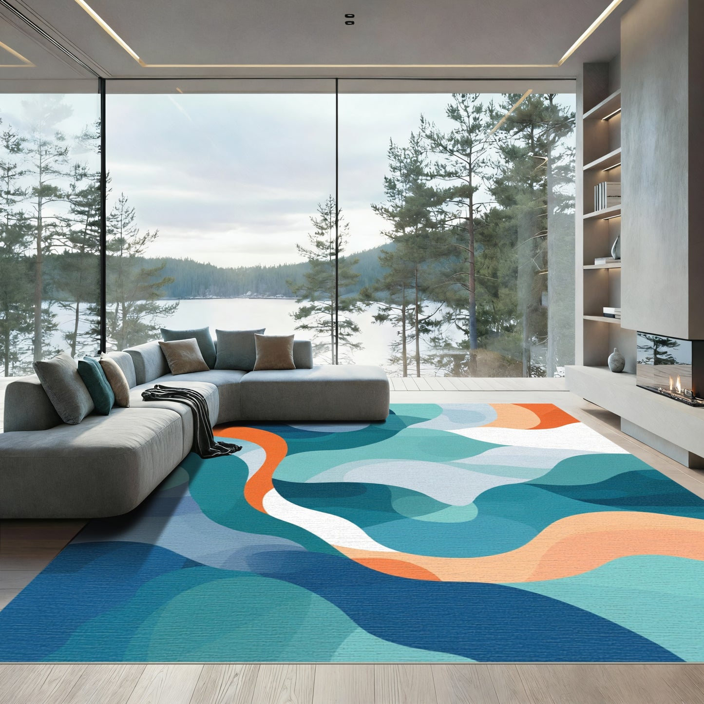 Oceanic Teal Abstract Wave Rug