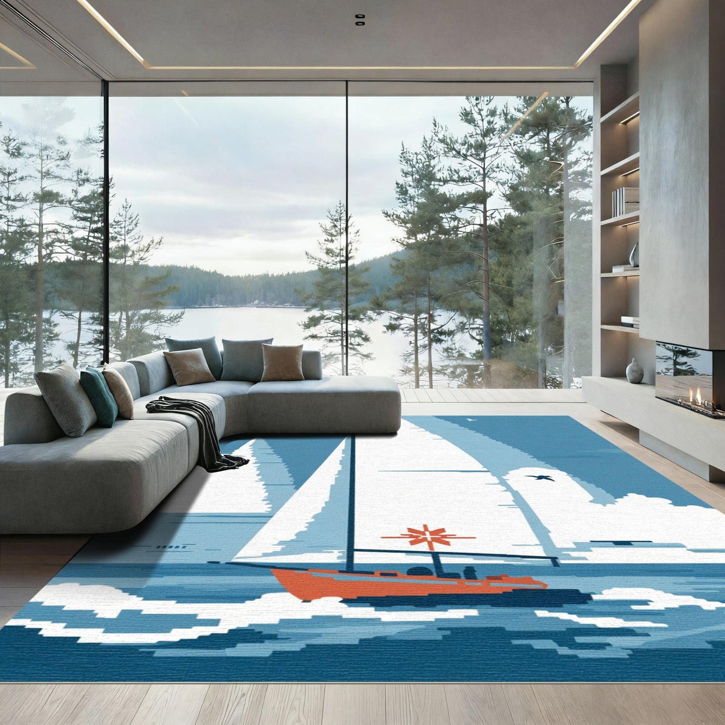 Orange Sailboat on Blue Pixelated Ocean Rug