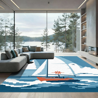 Orange Sailboat on Blue Pixelated Ocean Rug