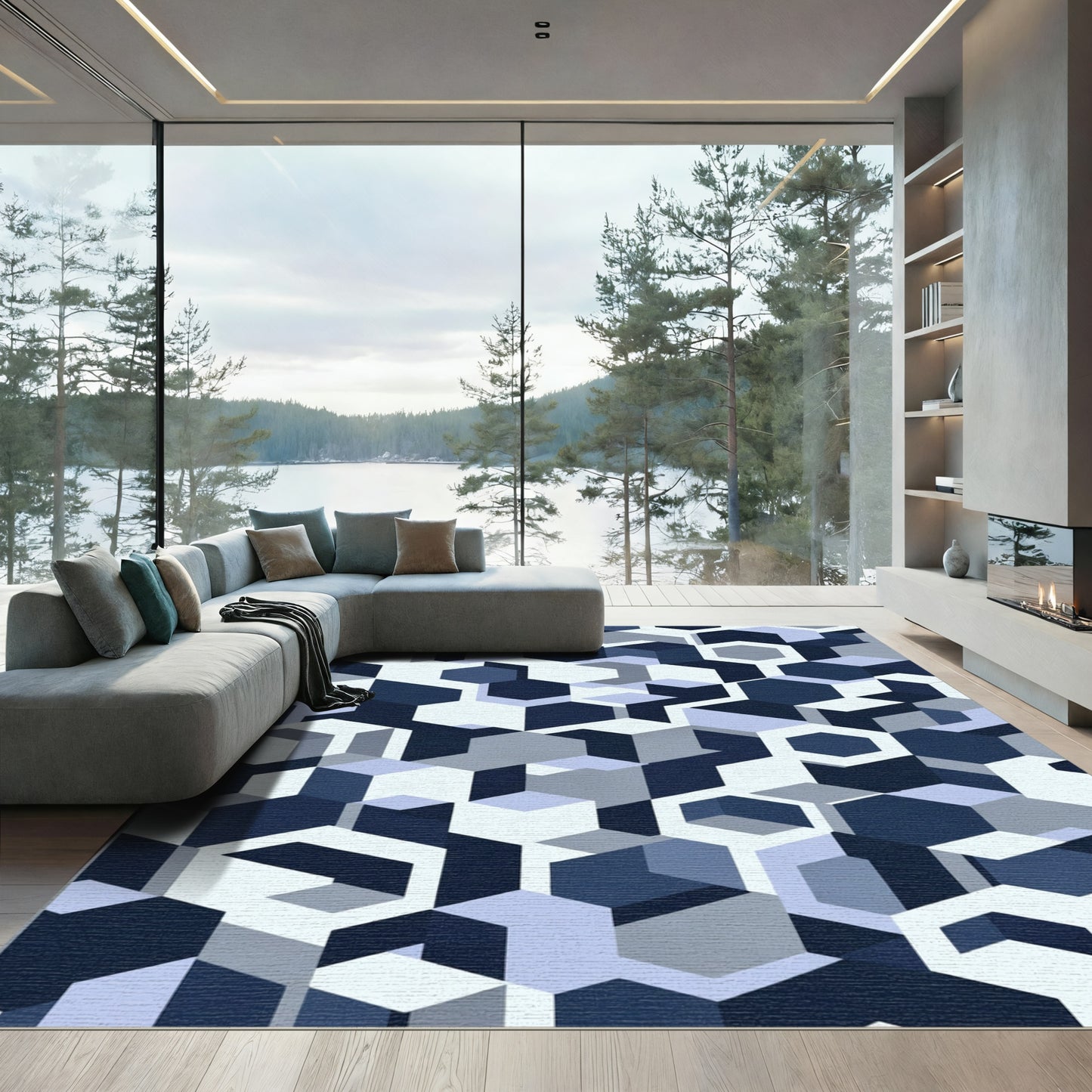 Shades of Blue Geometric Cubes Rug