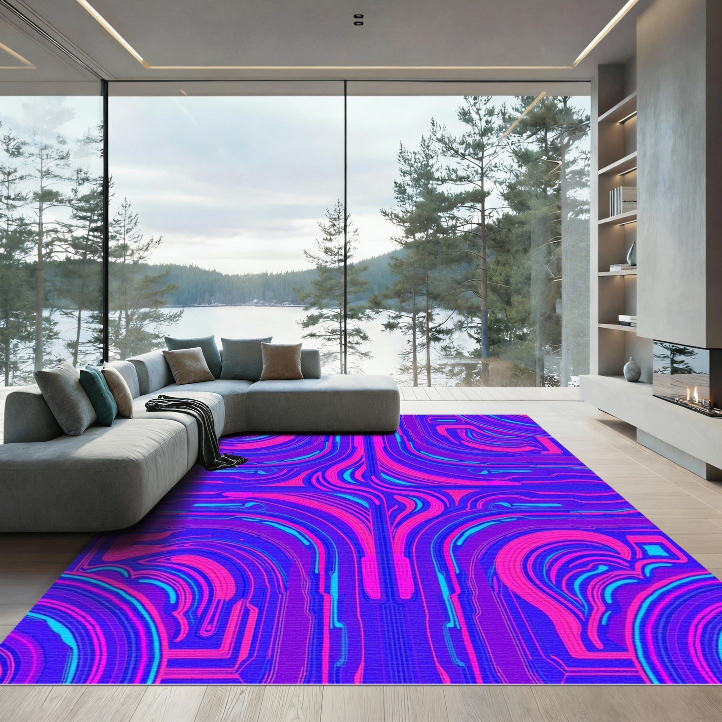 Electric Pink Blue Cyber Swirl Rug