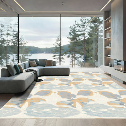 Soft Abstract Brushstrokes Tan Blue Rug