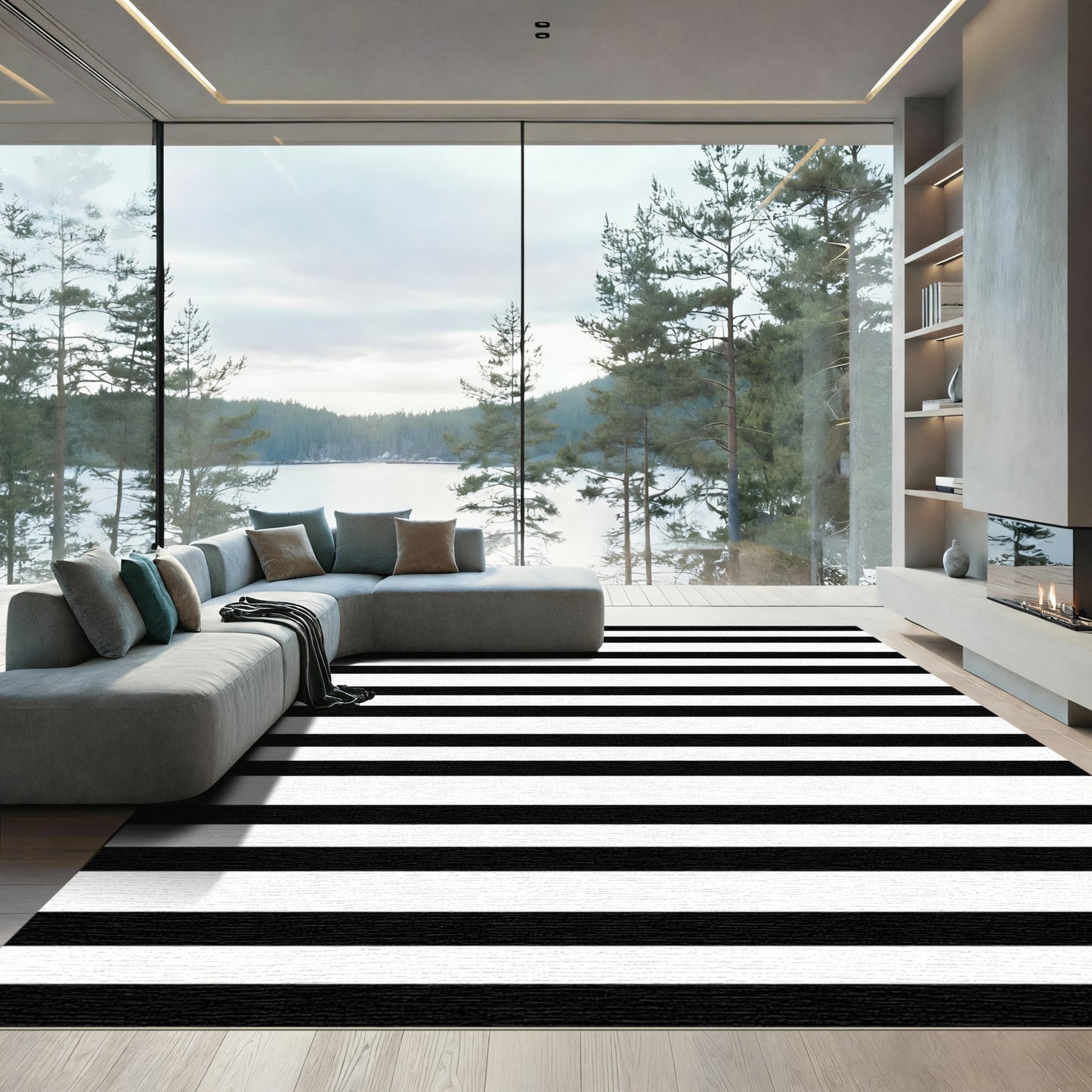 Graphic Black White Linear Bands Rug