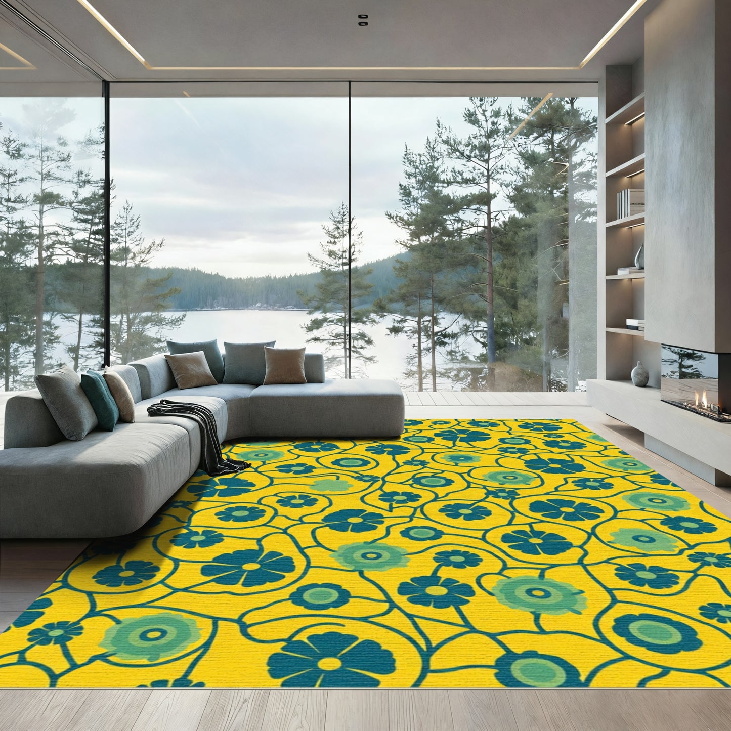 Yellow Navy Blue Floral Swirl Rug