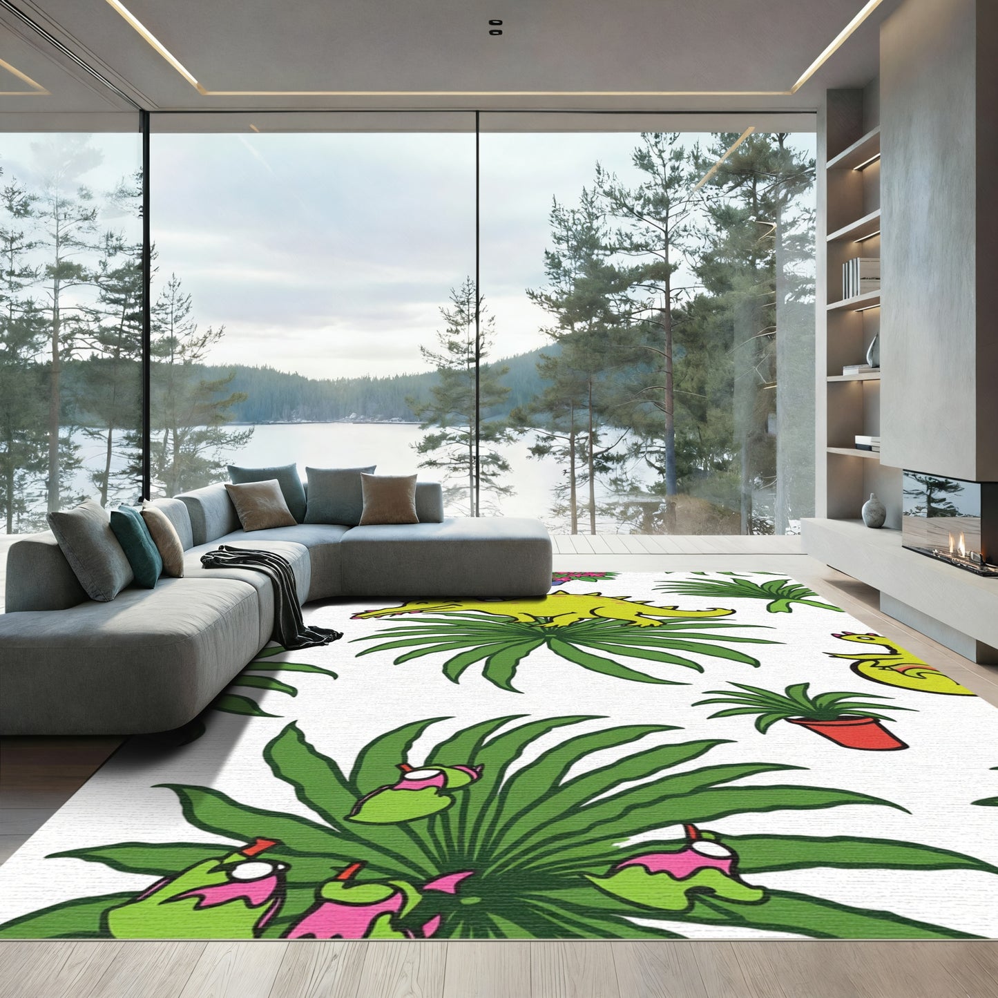 Whimsical Green Dinosaur Tropical Scene Rug