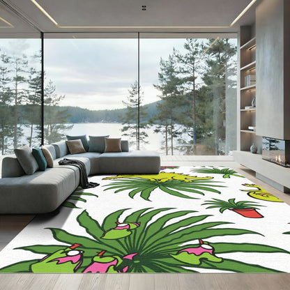 Whimsical Green Dinosaur Tropical Scene Rug