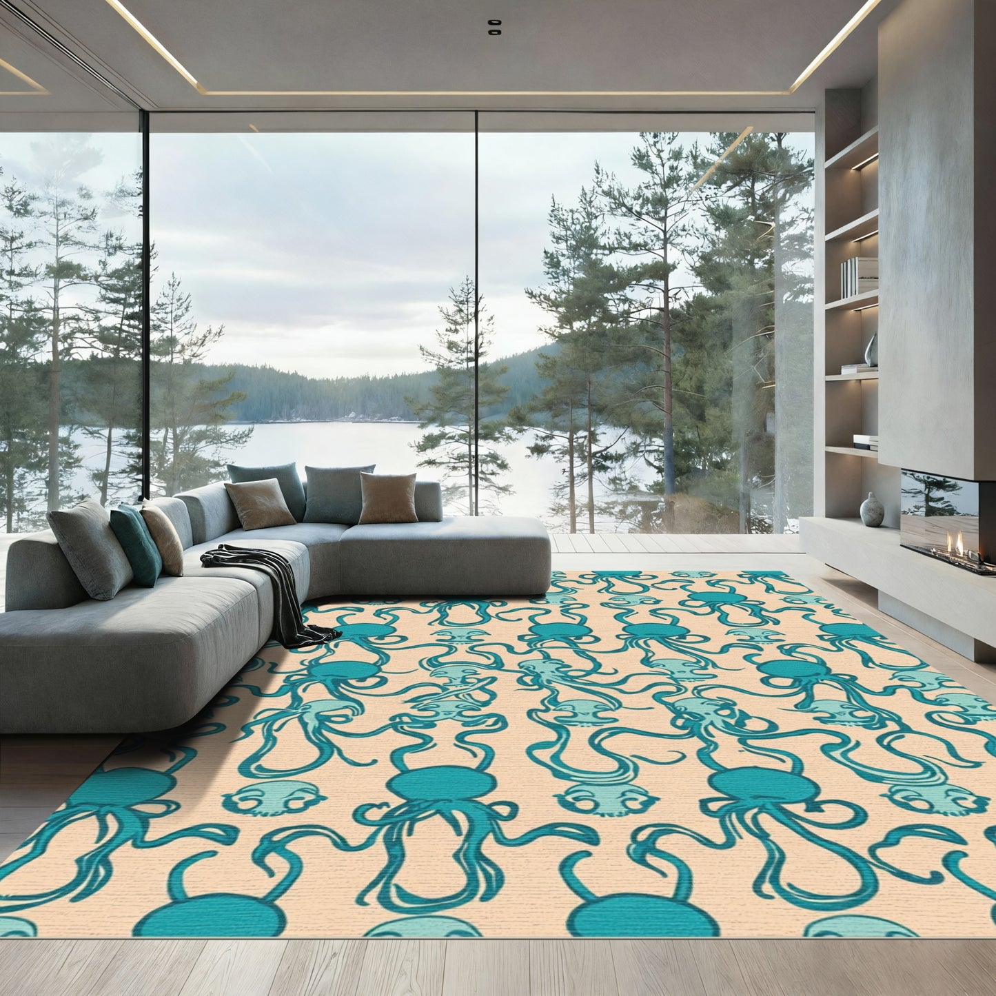 Teal Octopus Skull Whimsical Swirl Rug
