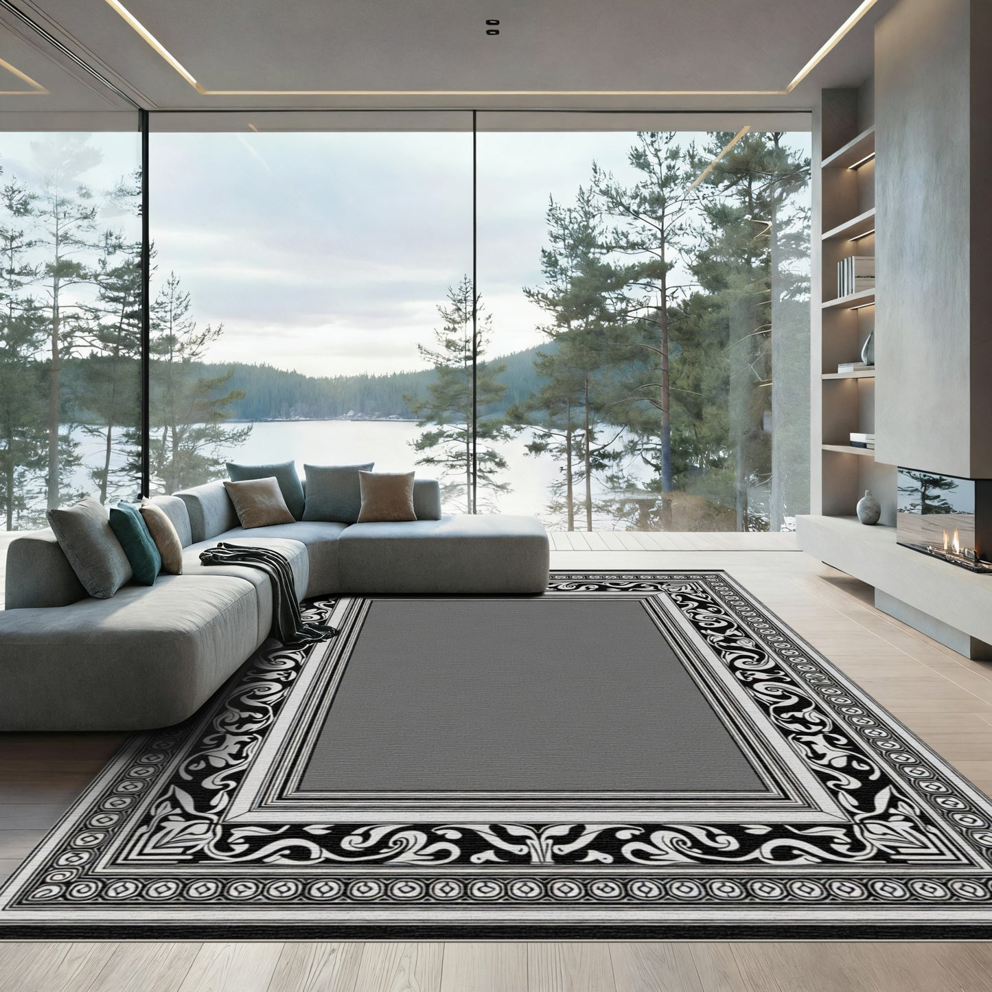 Monochrome Ornate Swirl Frame Rug