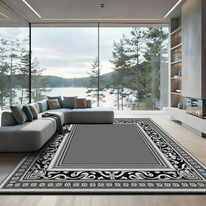 Monochrome Ornate Swirl Frame Rug