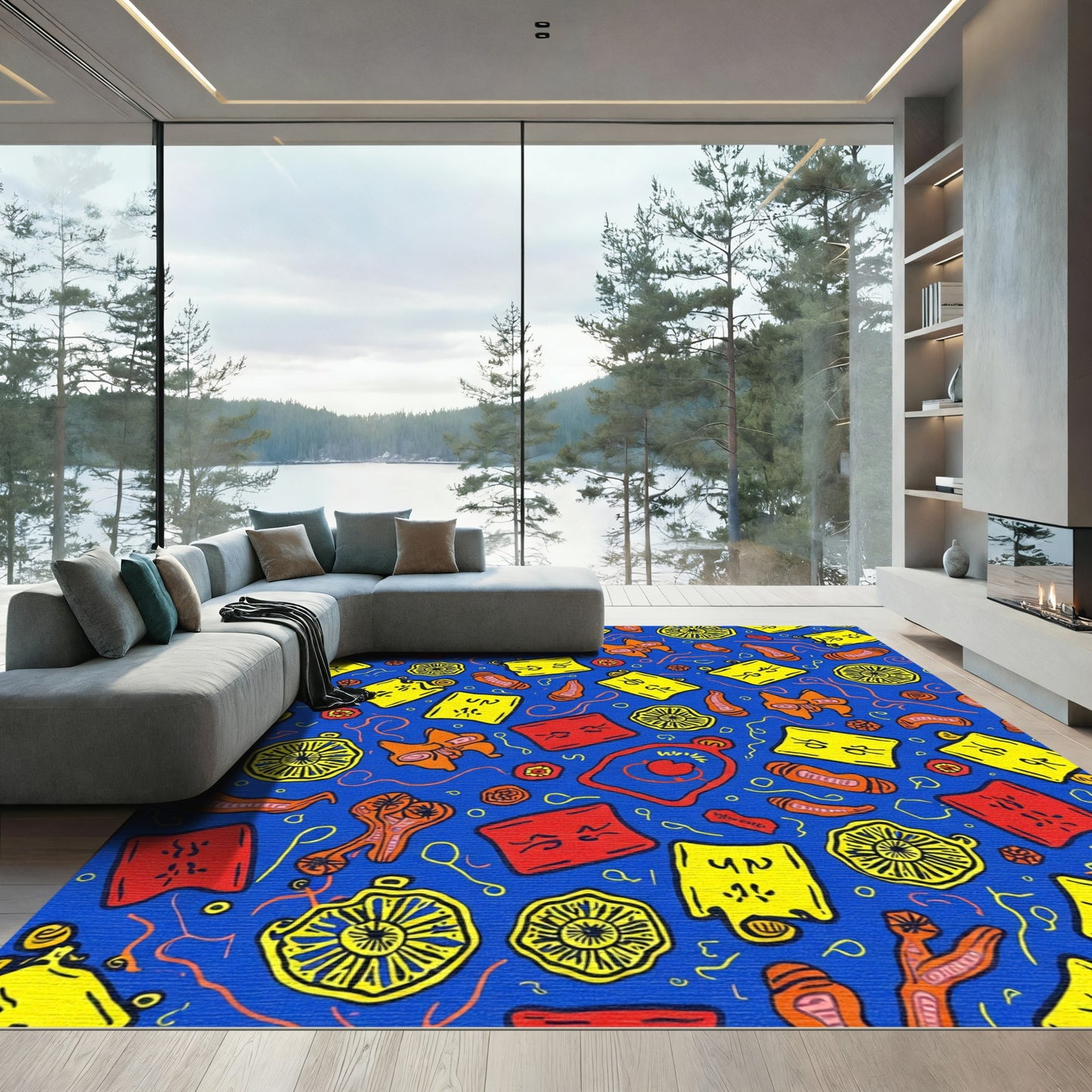 Vibrant Yellow Red Abstract Forms Rug
