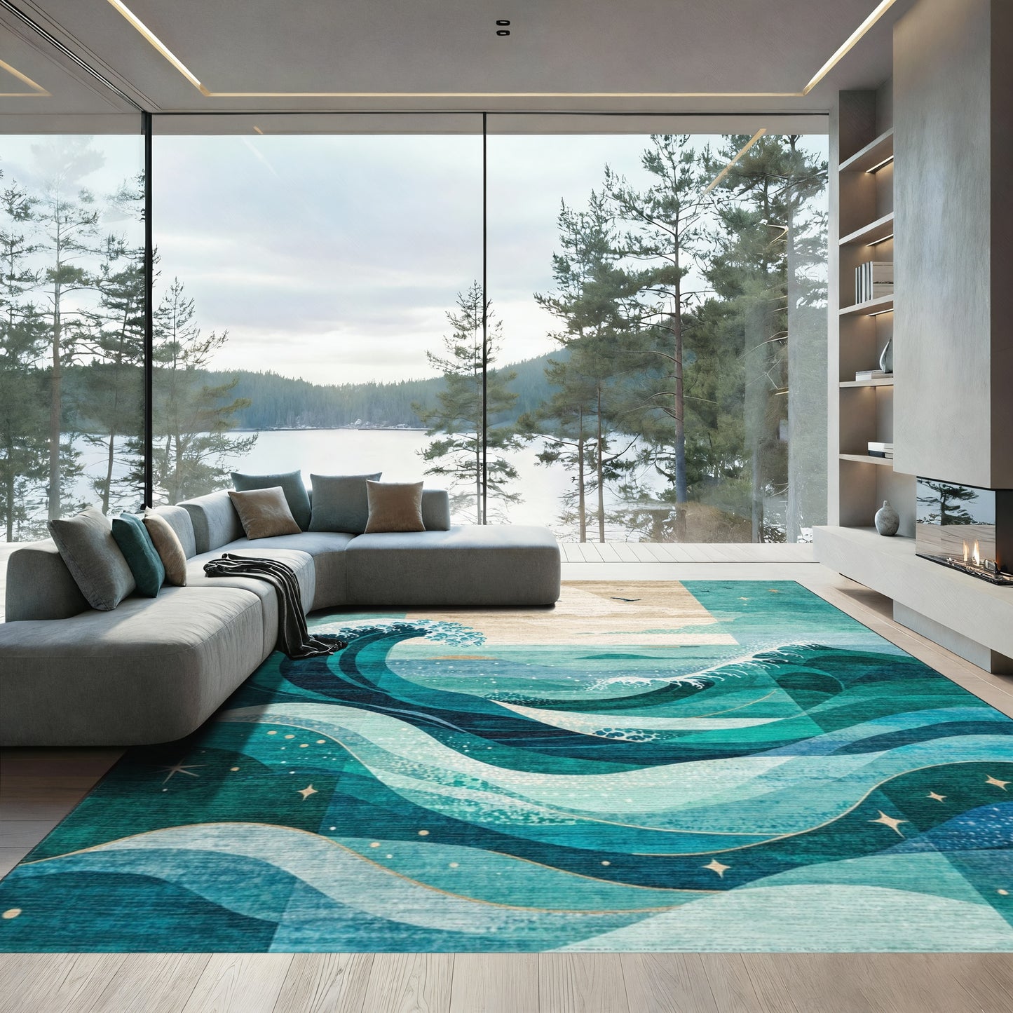 Teal Waves Starry Seascape Rug