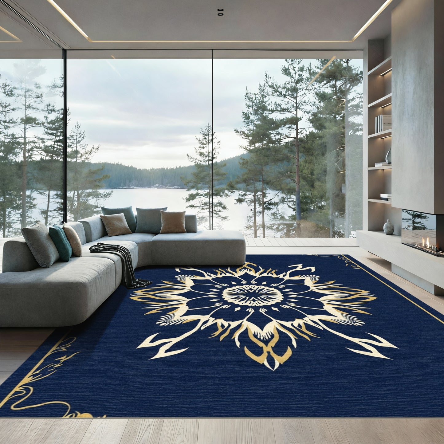 Navy Gold Ornate Floral Medallion Rug