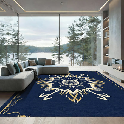 Navy Gold Ornate Floral Medallion Rug
