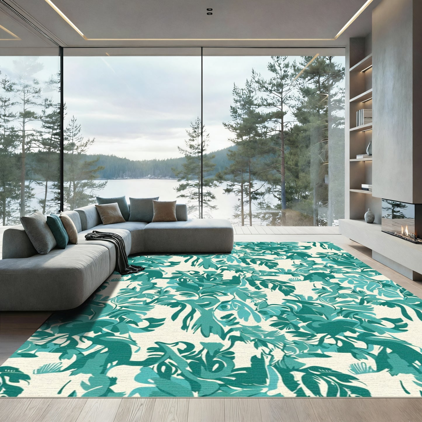 Emerald Teal Abstract Botanical Swirls Rug