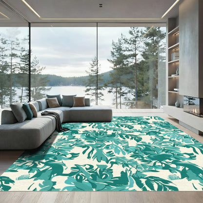 Emerald Teal Abstract Botanical Swirls Rug
