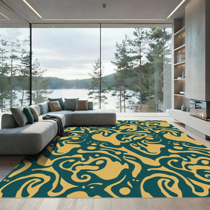 Golden Swirl Teal Abstract Rug