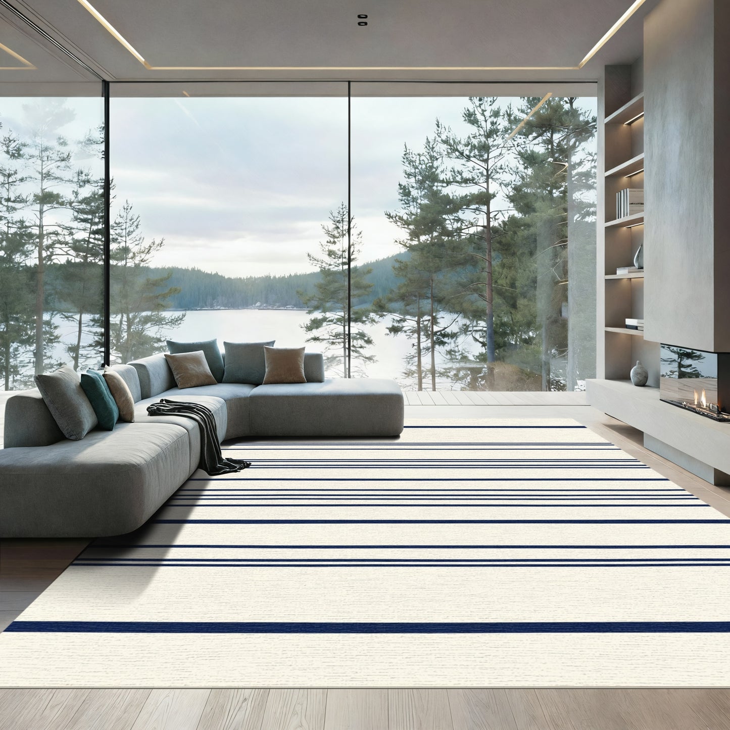 Navy White Thin Stripe Rug
