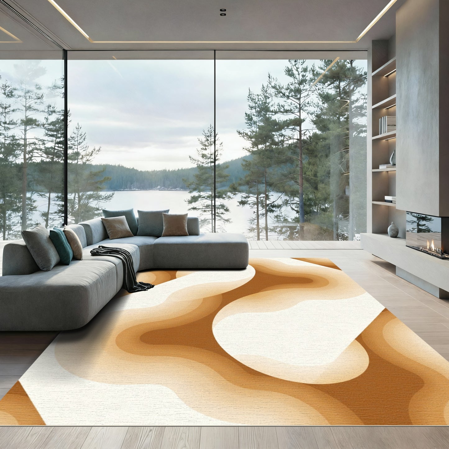 Golden Cream Gradient Waves Rug