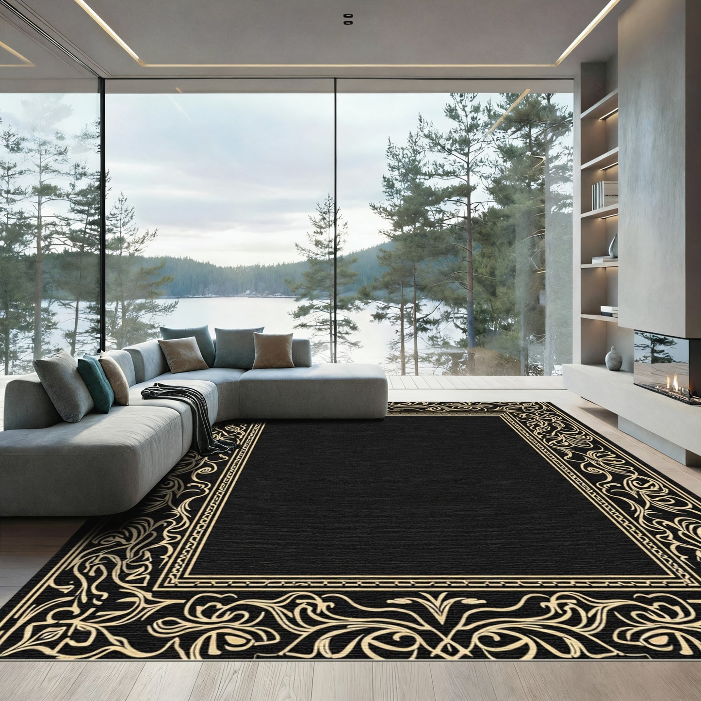 Ornate Golden Floral Border Rug