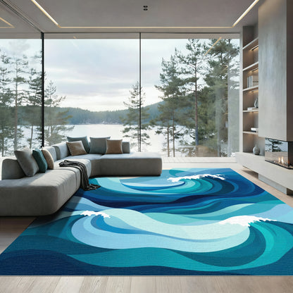 Deep Blue Ocean Wave Swirls Rug