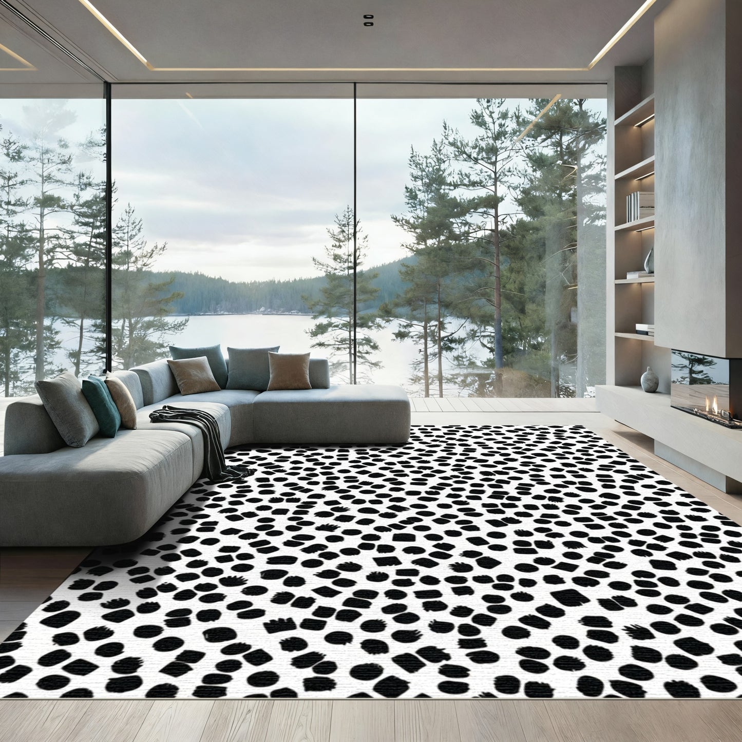 Modern Black White Dot Composition Rug